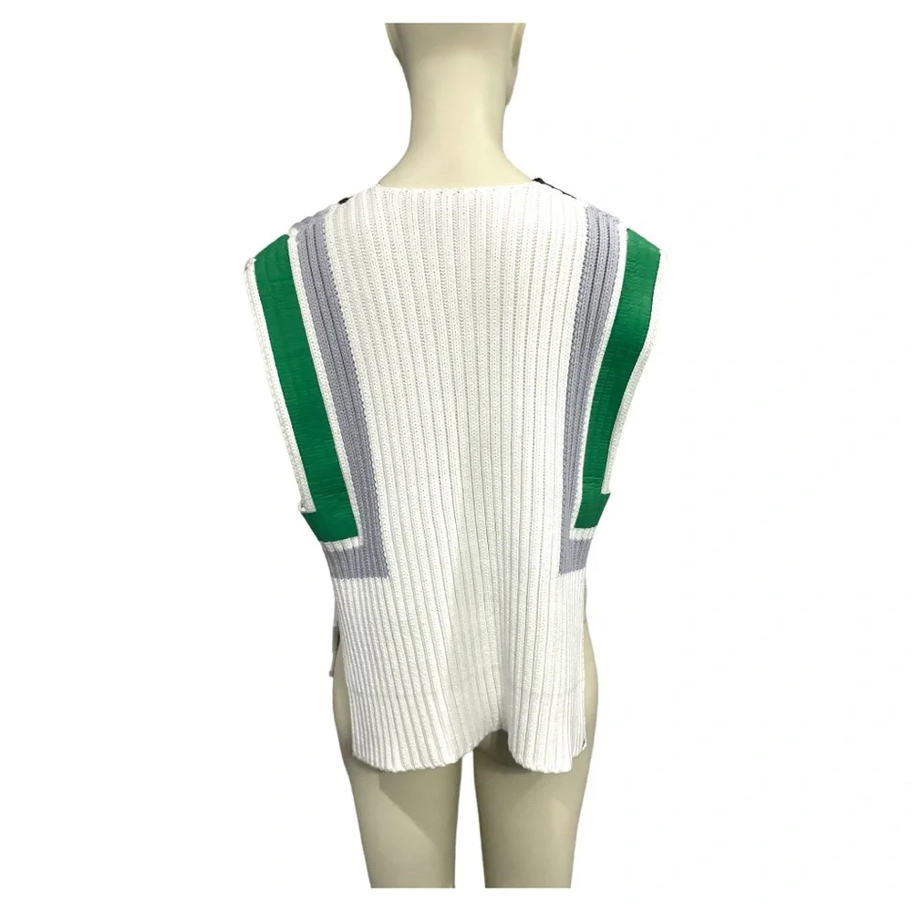 Sportmax White V-Neck Ribbed Sweater Vest with Green and Black Accents - Picture 4 of 9